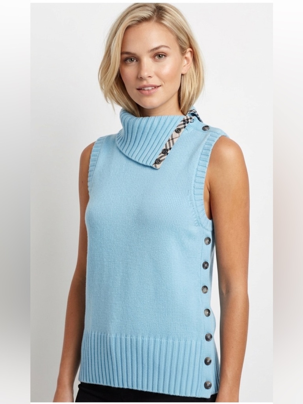 Burberry Nova Check Trim Sleeveless Light Blue Turtleneck Women Size XS